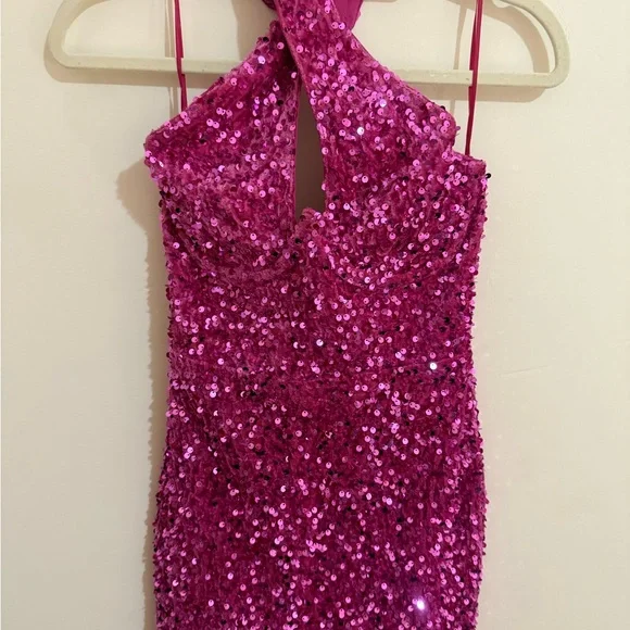 Fashion Nova Hot Pink Sequin Halter Mini Dress - Picture 2 of 4